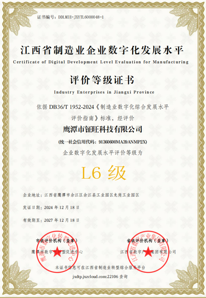 江西省制造业企业数字化发展L6级证书
